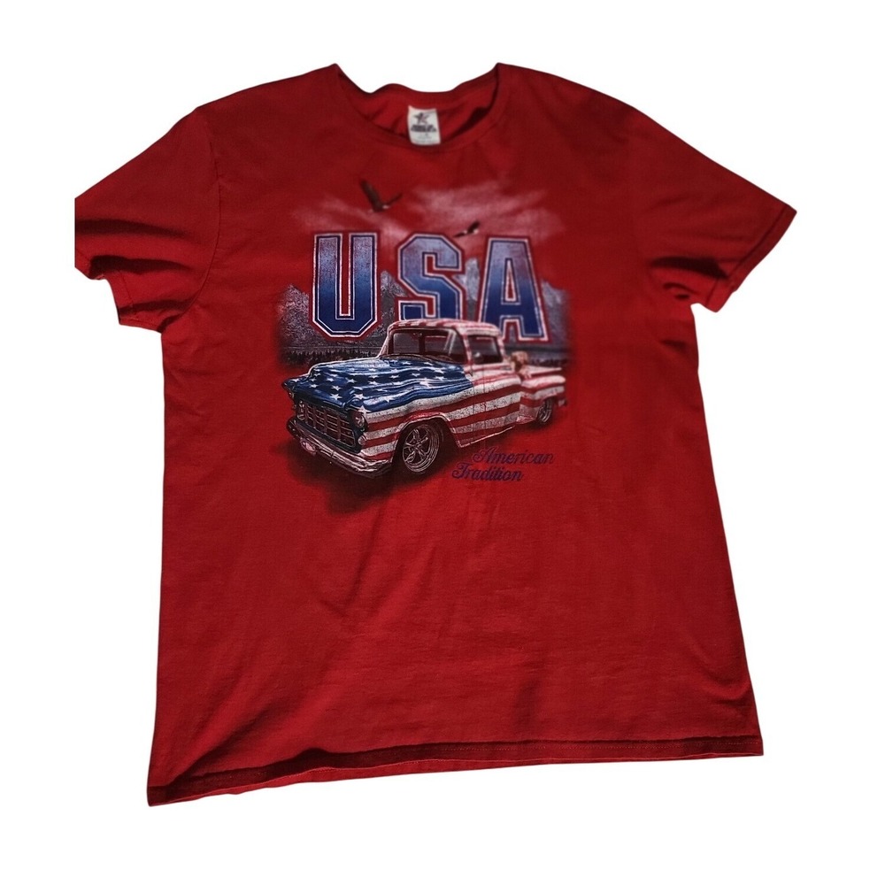 American Tradition USA Truck Graphic Print Patriotic T-Shirt Size L